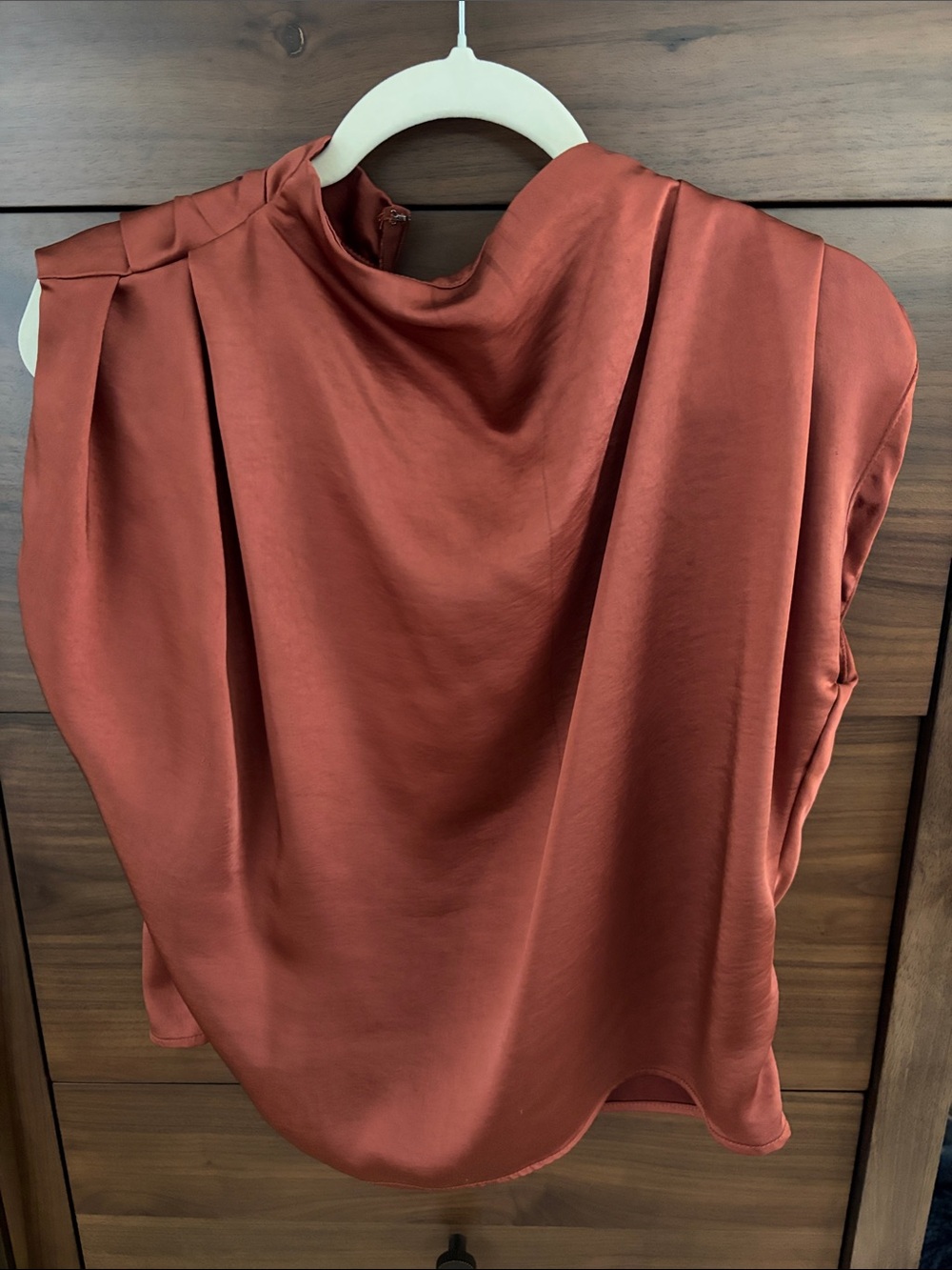 Line & Dot Rust Satin Blouse - Sleeveless Draped Neck